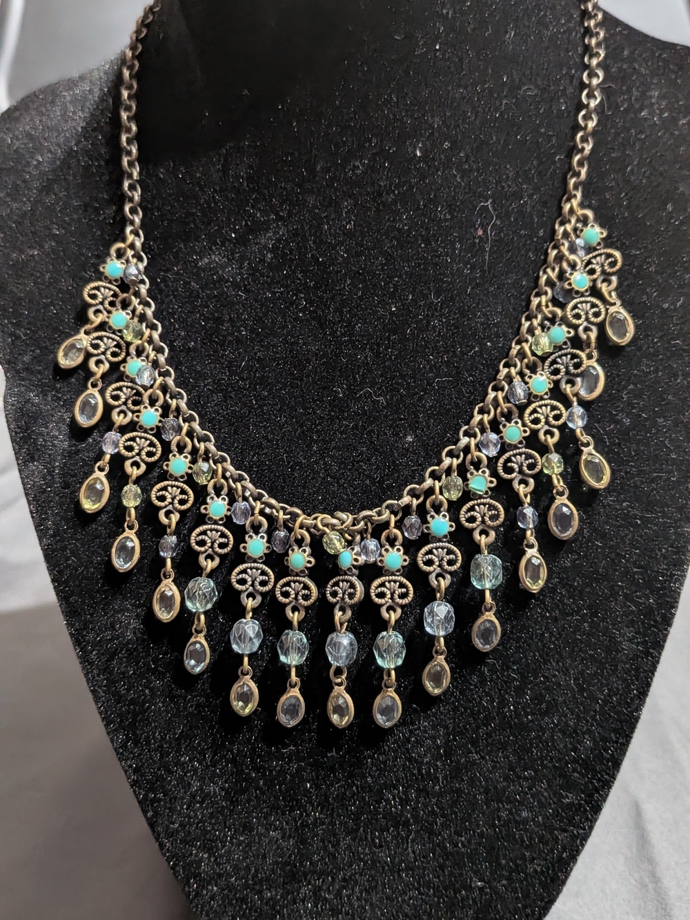 Vintage-Avon Turquoise and Clear Crystal Fringe Necklace